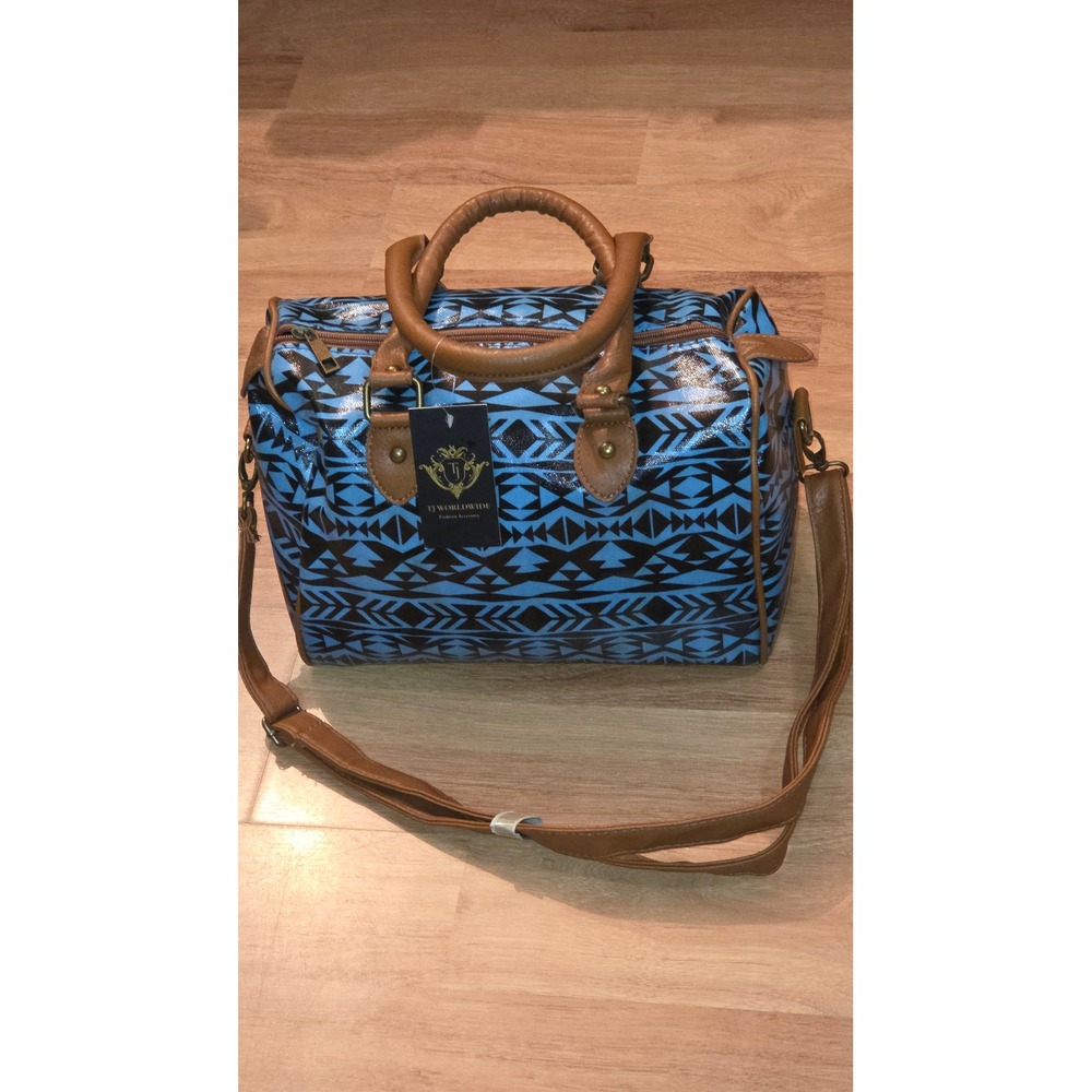 TJ Worldwide Blue Tribal Geometric Duffle Bag Crossbody Satchel NWT